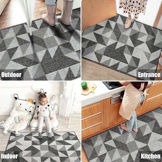 Indoor Doormat 32"x 48", Absorbent Front Back Door Mat Floor Mats, Rubber Backing Non Slip Door Mats Inside Mud Dirt Trapper Entrance Front Door Rug Carpet, Machine Washable Low Profile-Black Geome