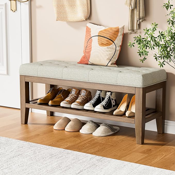 End of Bed Storage Bench, 42.9" Entryway Shoe Bench with Solid Wood Shelf, Upholstered Ottoman with Padded Seat for Bedroom, Hallway and Living Room, Beige