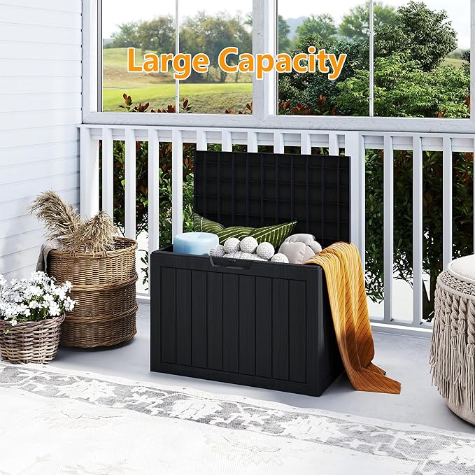 45 Gallon Outdoor Storage Box Waterproof, Resin Deck Boxes with Lockable Lid & UV-Resistant for Patio, Pool, Garden Furniture Cushions & Accessories, Black