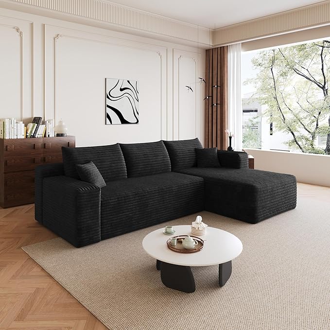 96" Sectional Couches for Living Room Modern Modular Sofa with L-Shape Couchs Upholstered Boneless Couch Deep Seat Sectional Couch with Chaise (Black, 96" Right Facing Chaise+2Seaters)