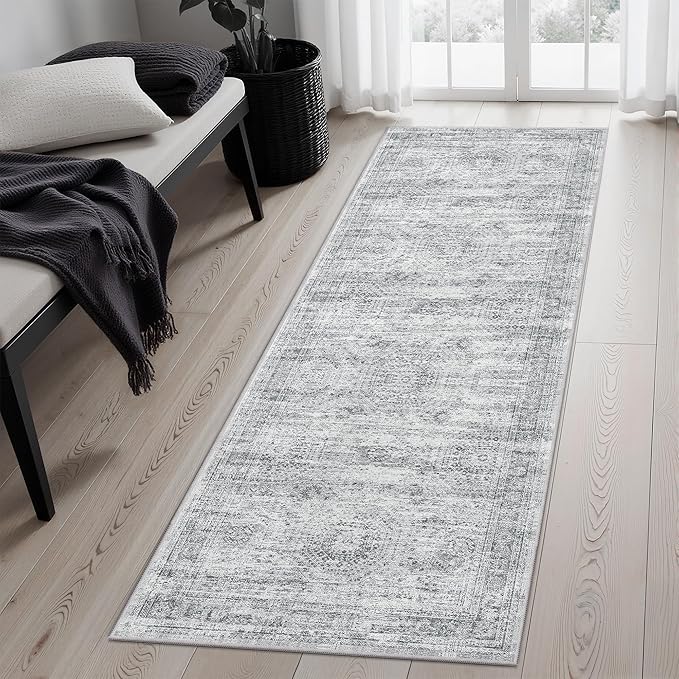 Runner Rug 2'x6' Washable Non-Slip Runner Rugs for Kitchen Bathroom Laundry Room Grey Vintage Floor Carpet Runners for Hallway Entryway