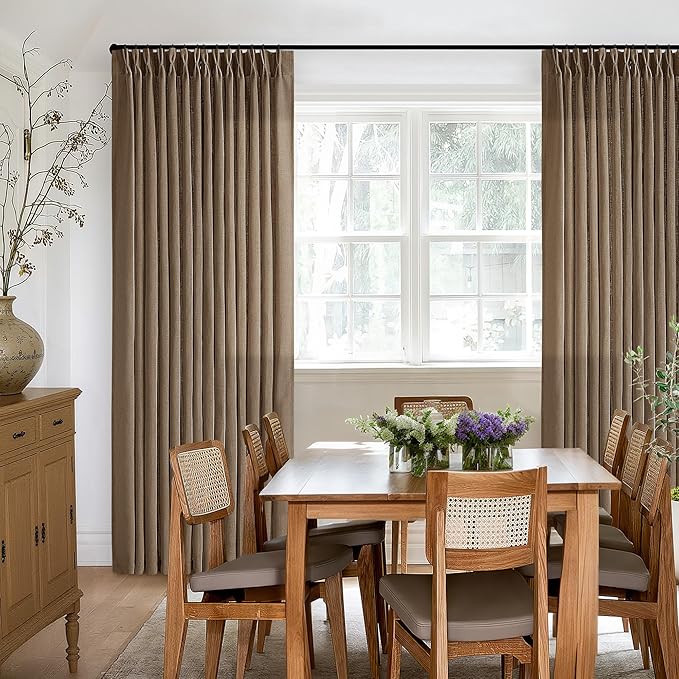 Brown Linen Pinch Pleated Curtains 108 Inches Long 2 Panels for Living Room Bedroom Light Filtering Drapes 108 Inch Length Dutch Cocoa Semi Sheer Memory Shape Trained Ceiling Floor Curtain