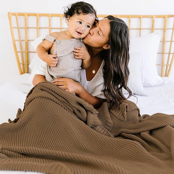 MakeMake Organics Organic Cotton Throw Blanket GOTS Certified Organic Knit Blanket Couch Bed Neutral Fall Colors Soft Cotton Throw Blanket Large (50x60, Brown)