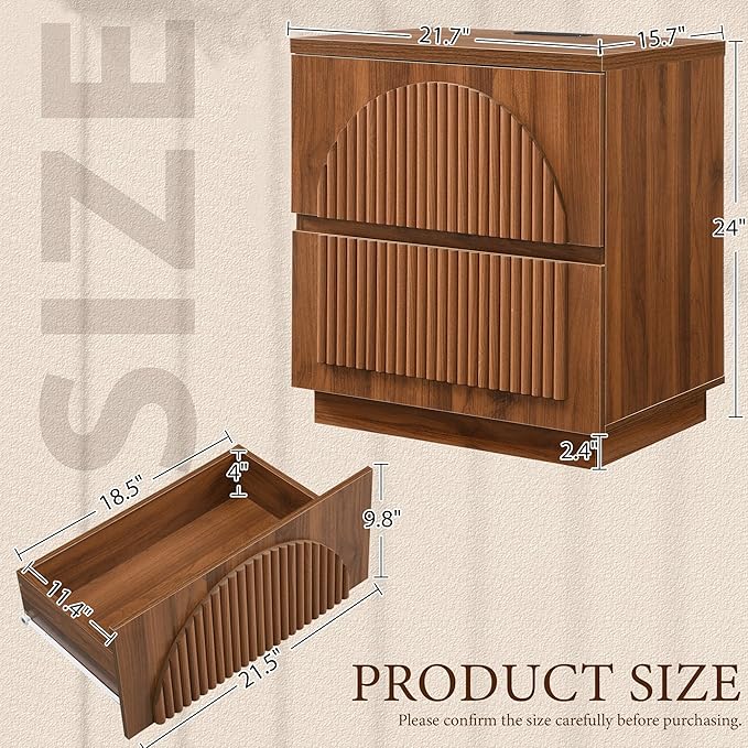 Yechen Nightstand with Drawers Set of 2, Modern Arched Reeded Wood Nightstand with Charging Station, Wooden Night Stand with Storage,Bedside End Tables for Bedroom, Walnut