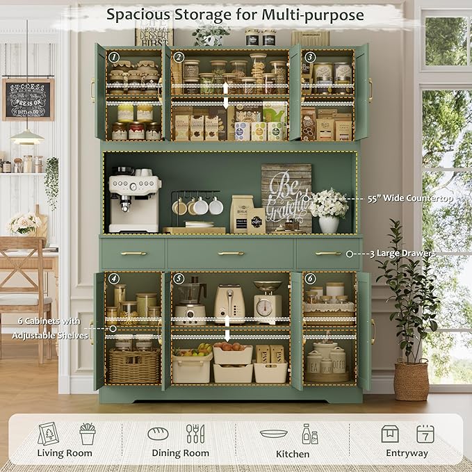HOSTACK 71" Tall Pantry Cabinet with Charging Station, 55" Wide Kitchen Pantry Storage Cabinet with Countertop, Large Kitchen Hutch with Storage Drawers and Doors for Dining Room, Living Room, Green