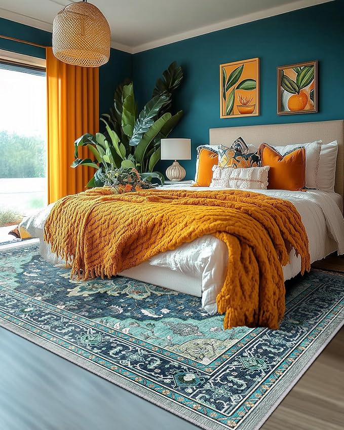 Area Rugs 6'x9' Washable Non-Slip, Floral Vintage Distress Print Pattern Medallion Carpet for Living Room Bedroom Dining Room, Teal Green Lake Blue Turquoise