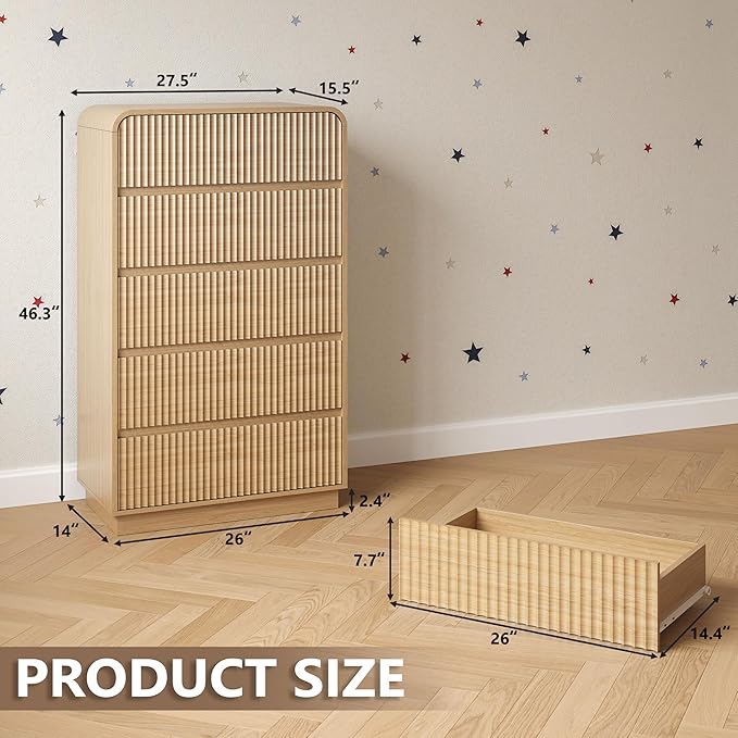 Tall Dresser for Bedroom with 5 Drawers, Fluted Chest of Drawers with Round Curved Corner, Hidden Handles, Modern Wood Storage Organizer for Bedroom, Nursery, Living Room