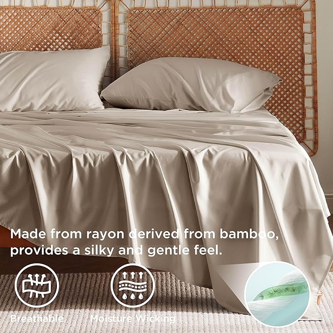 Bedsure King Size Sheets Set, Cooling Sheets for Hot Sleepers, Rayon Derived from Bamboo, Breathable & Soft, Deep Pocket Up to 16 Inches, Hotel Luxury Silky Bedding, Simply Taupe