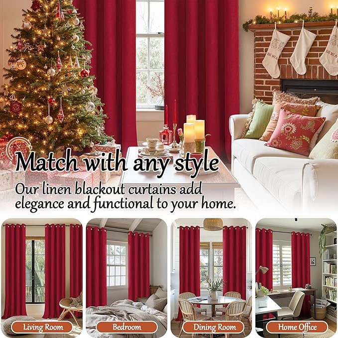 Red 100% Linen Blackout Curtains for Winter Christmas Decor 95 Inch Long 52 Wide, Extra Long Thermal Insulated Light Blocking Linen Curtains, Window Drape Each 52x95 Inch 2 Panels