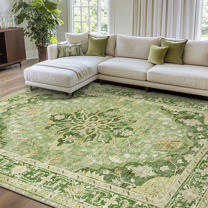 Area Rugs 6'x9' Washable Non-Slip, Floral Vintage Distress Print Pattern Medallion Carpet for Living Room Bedroom Dining Room, Sage Green Yellow