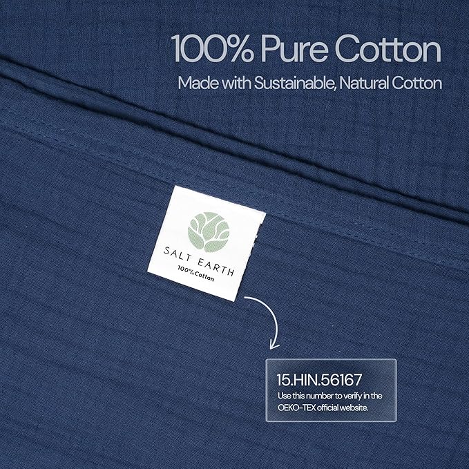 Salt Earth 100% Cotton Muslin Blanket, Gauze Blanket 80"X90" Queen, 4 Layered for Couch, Bed, Living Room,Lightweight & All Seasons Blankets & Throws, Easy to wash,Nature & Skin Friendly(Navy Blue)