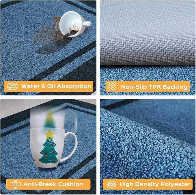 Kitchen Rugs 24" x 84", Non-Slip Machine Washable Kitchen Runner Rugs Floor Mats, Absorbent Comfort Standing Mats for Kitchen, Sink, Laundry and Hallway, Rolled Packaging, Light Blue & Navy
