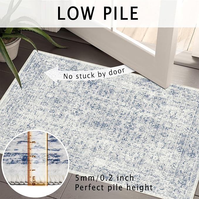 8x10 Area Rugs for Living Room, Non-Slip Backing Washable Rug 8x10, Blue Large Area Rug Soft Carpet for Bedroom Dining Room, Vintage Floral, Easy Clean, Durable, Low Pile Rug Under Table