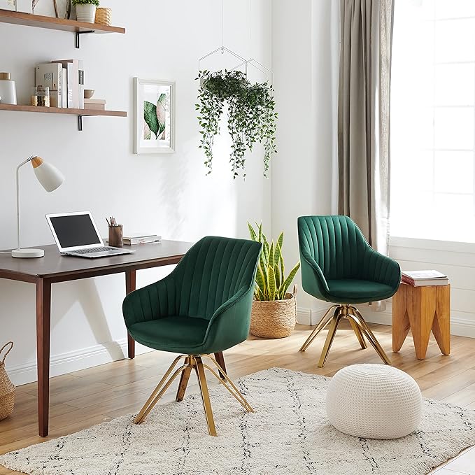 Zouron Mid Century Modern Swivel Accent Chair with Gold Metal Legs, Upholstered Swivel Chair No Wheels, Side Accent Arm Chair Vanity Chair for Small Space Home Office Living Room Bedroom, Green
