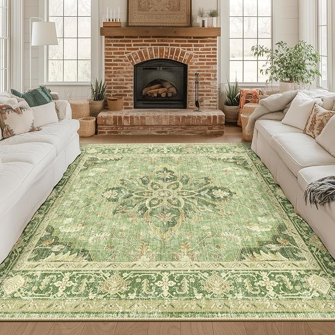 Area Rugs Square 8ft Washable Non-Slip, Floral Vintage Distress Print Pattern Medallion Carpet for Living Room Bedroom Dining Room, Sage Green Yellow