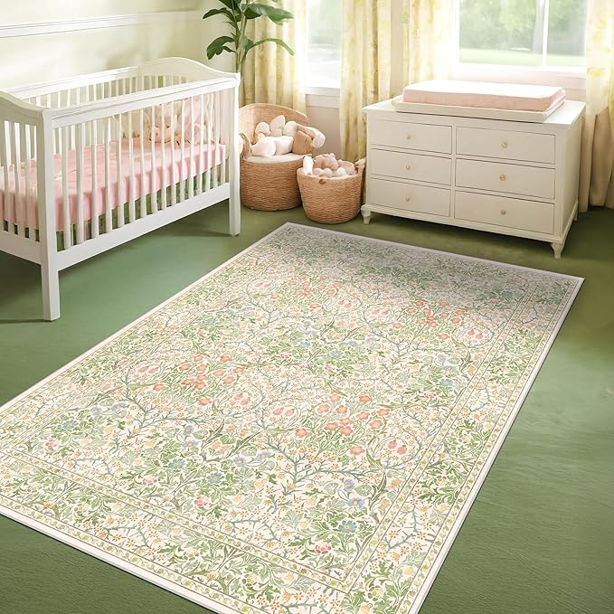 Light Beige Green Area Rugs for Dining Room, 6x9 Washable Area Rug for Bedroom, Living Room, Nursery Room, Kids Play Room, Low Pile Non-Slip - Vintage Design & Stain Resistance