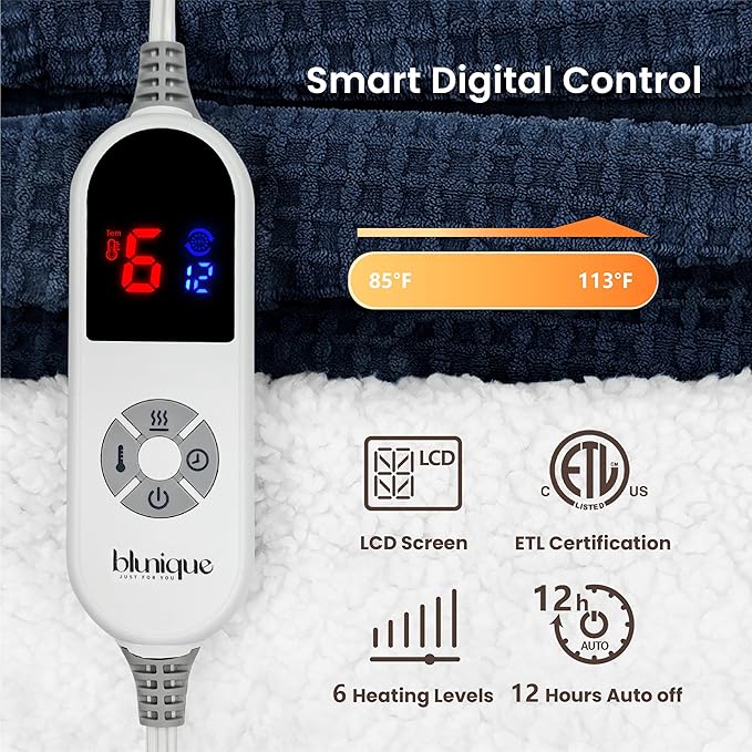 Heated Blanket Electric Throw Waffle, 50x60 Inches Sherpa Fleece Fast Heating Blanket 6 Heating Levels & 4 Hours Auto Off ETL Certification, Navy Throw