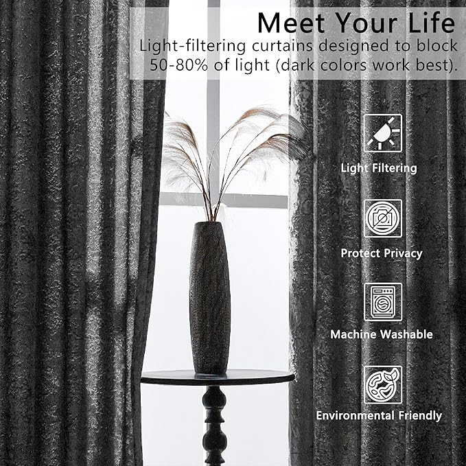SMILETIME Grey Crushed Velvet Curtains 52x84inch Rod Pocket Luxurious Thermal Insulated Soundproof Drapes Soft and Durable Light-Filtering Window Treatments for Living Room Bedroom, 2 Panels
