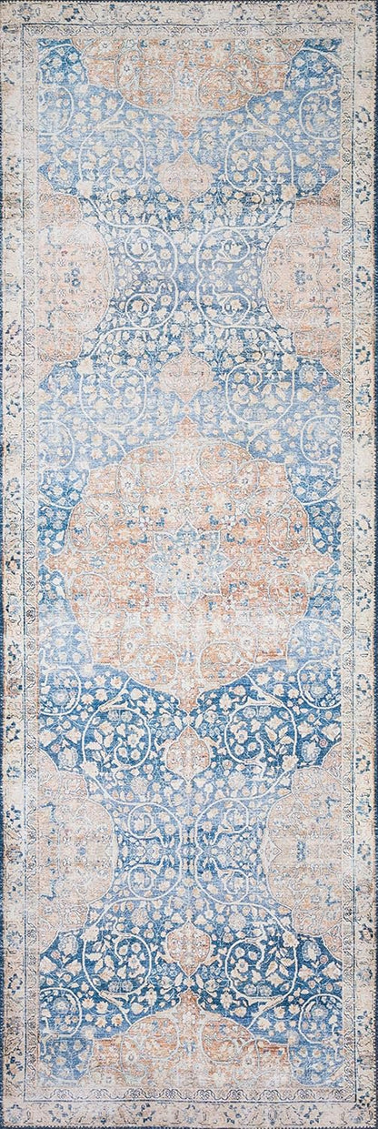 Loloi Layla Collection LAY-07 Blue/Tangerine 2'-6" x 9'-6" .13" Thick Runner Rug, Soft, Durable, Vintage Inspired, Distressed, Low Pile, Non-Shedding, Easy Clean, Printed, Living Room Rug