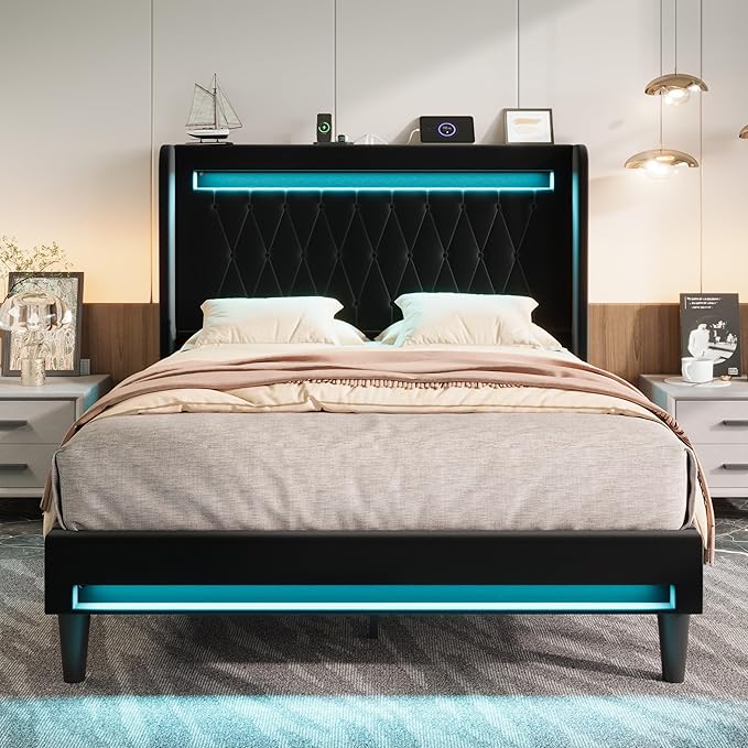 Allewie Upholstered Full Size Platform Bed Frame with LED Light and Charging Station, Button Tufted High Headboard, Wingback Design, Noise Free, Easy Assembly, No Box Spring Needed, Black
