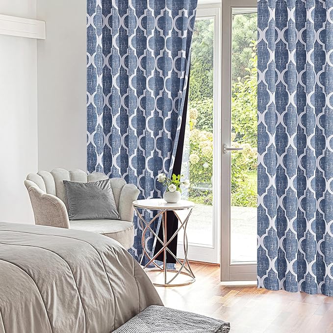 Beauoop 100% Blackout Curtains 84 Inches Long 2 Panels for Bedroom Living Room Blue Moroccan Geo Room Darkening Thermal Insulated Soundproof Rod Pocket Back Tab Window Treatments Drapes, 50x84