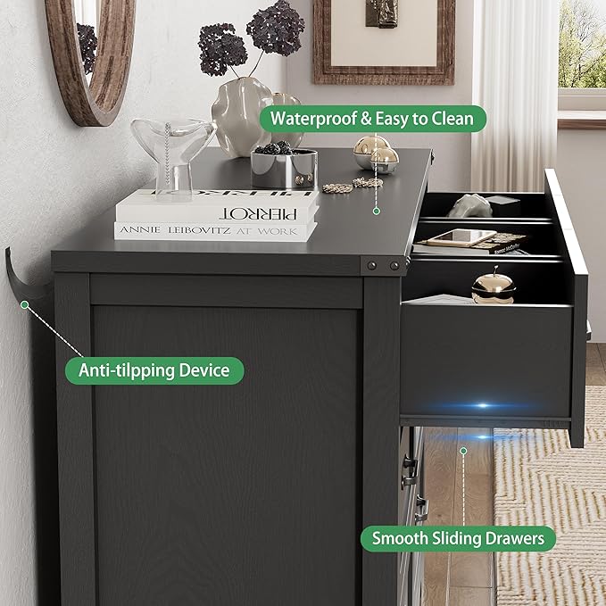 Dresser for Bedroom with 9 Drawers, 59" Wide Modern Chest of Drawers with Deep Drawers & Mental Handle, Wood Dresser TV Stand, Wooden Closet Storage Organizer for Living Room, Hallway, Entryway, Black