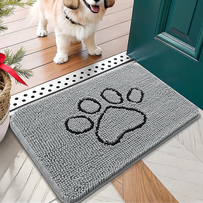 OLANLY Dog Door Mat for Muddy Paws 24x16, Paw Print Design, Absorbs Moisture and Dirt, Absorbent Non-Slip Washable Doormat, Quick Dry Chenille Mud Mat for Dogs, Entry Indoor Entryway Carpet, Grey