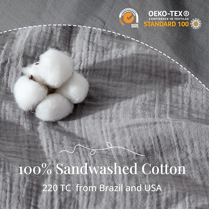 Gray Duvet Cover Queen Size, 100% Sandwashed Cotton Soft Queen Duvet Cover Set 3 Pieces with Zipper Clousre & Corner Buttons (Gray, Queen 90 x 90)