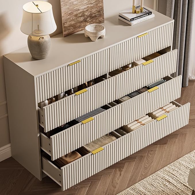 Beige Dresser for Bedroom, 8 Drawer Double Dresser, Modern Chest of Drawers for Bedroom, Living Room, Entryway and Closet, 55" L x 15.7" D x 37.4" H