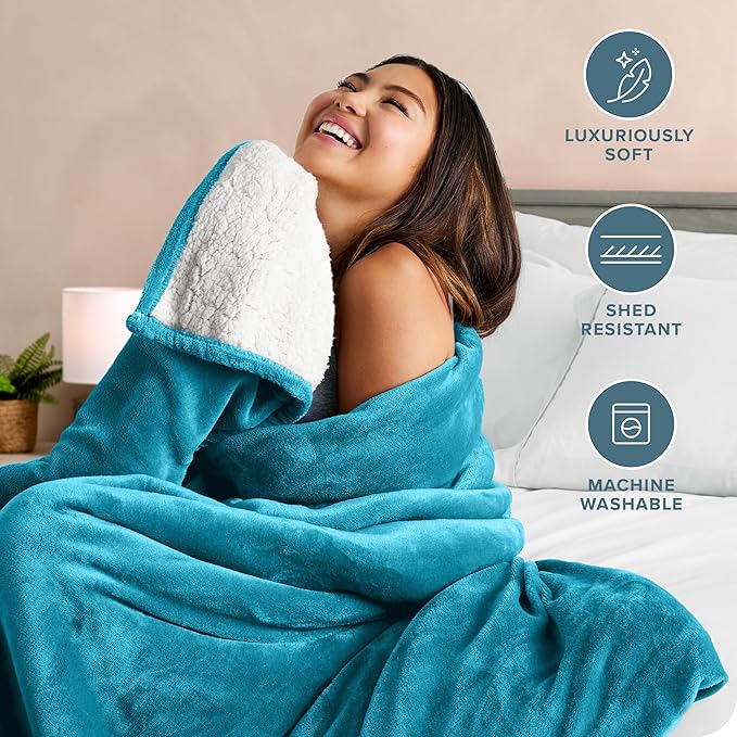 Bare Home Sherpa Fleece Blanket - Twin/Twin Extra Long - Blanket for Bed, Sofa, and Couch - Warm & Lightweight - Fluffy & Soft - Reversible (Twin/Twin XL, Caribbean Sea)