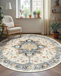 Area Rugs 5ft Washable Non-Slip, Floral Vintage Distress Print Pattern Medallion Carpet for Living Room Bedroom Dining Room, Beige Navy Blue Orange Colorful