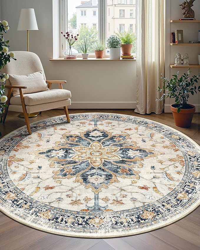 Area Rugs 5ft Washable Non-Slip, Floral Vintage Distress Print Pattern Medallion Carpet for Living Room Bedroom Dining Room, Beige Navy Blue Orange Colorful