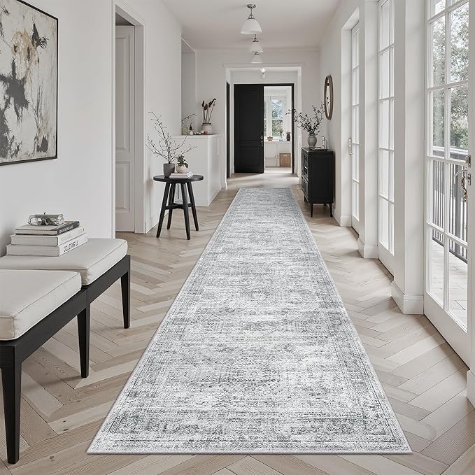 Runner Rug 2'6" x 12' Washable Non-Slip Runner Rugs for Kitchen Bathroom Laundry Room Vintage Ultra Thin Runners for Hallway Entryway Grey