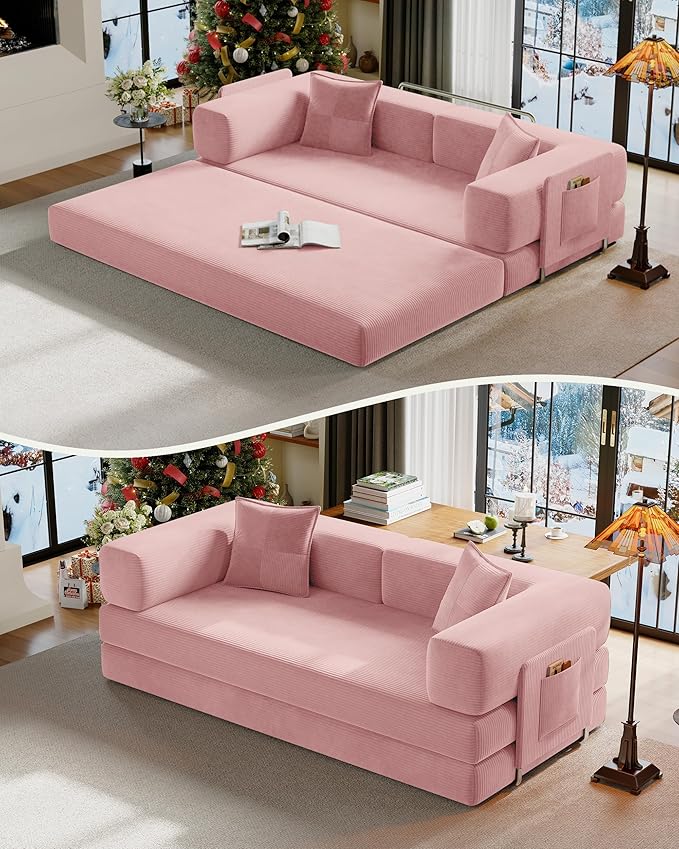 78.8" Convertible Futon Sofa Bed,Corduroy Futon Couch with Storage Pocket,Folding Pull Out Sofa,No Assembly Boneless Couch for Living Room | Pink