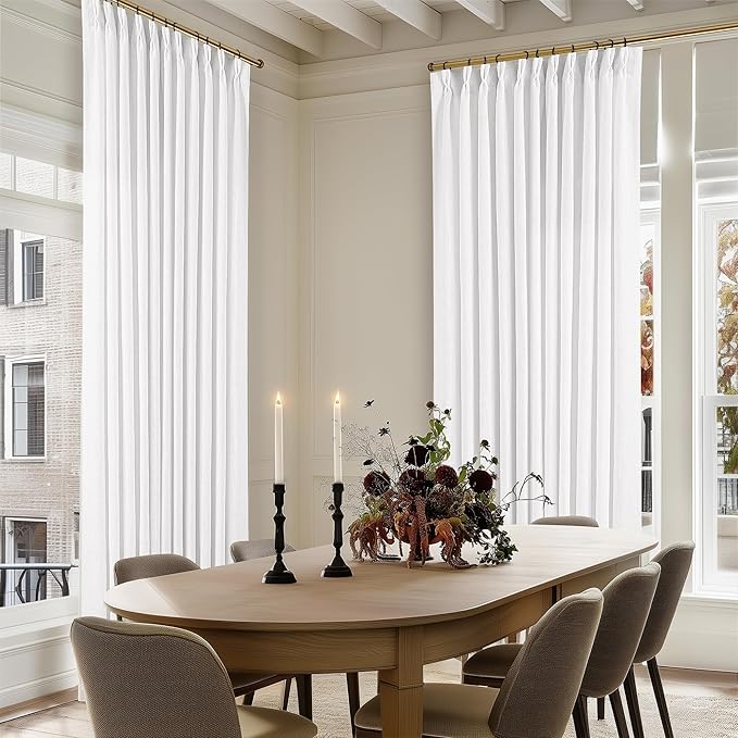 Extra Wide 108 Inch Long Curtains 70 Inch Wide Pinch Pleat Linen Curtains for Living Room Bedroom Light Filtering Privacy Pleated Drapes Hooks Rings Back Tab for Sliding Door White 1 Panel