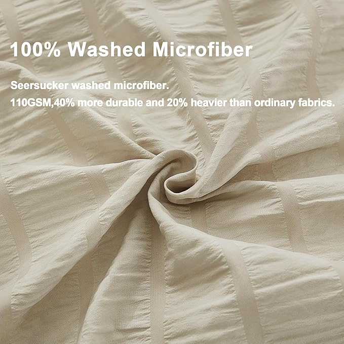 AveLom Beige Seersucker Duvet Cover Set King Size (104 x 90 inches), 3 Pieces (1 Duvet Cover + 2 Pillow Cases), Ultra Soft Washed Microfiber, Textured Duvet Cover with Zipper Closure, Corner Ties