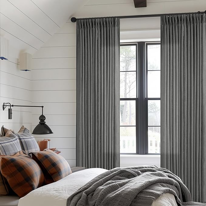 Dark Grey 80 Inch Pinch Pleated Linen Curtains 2 Panel Set for Living Room Thick Linen Drapes 80 Inches Long Pinch Pleat Drapes Semi Sheer Curtain for Dining Bedroom Office Charcoal Gray