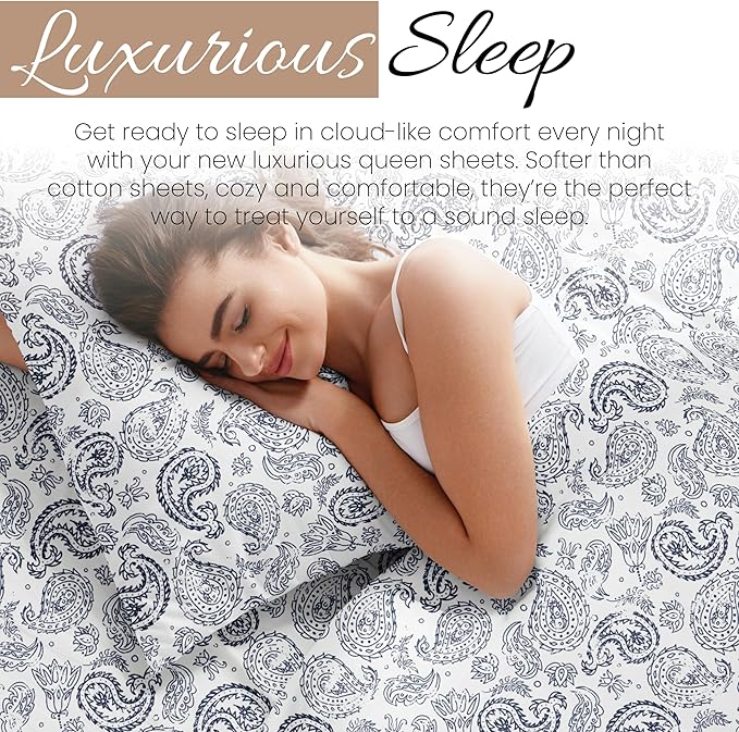 Linen Market Double-Brushed Patterned Microfiber Queen Sheet Set 4 Piece – Oeko-TEX Certified Ultra Soft & Wrinkle-Free - 16" Deep Pocket Sheets - Easy Care Queen Size - Coarse Paisley Navy