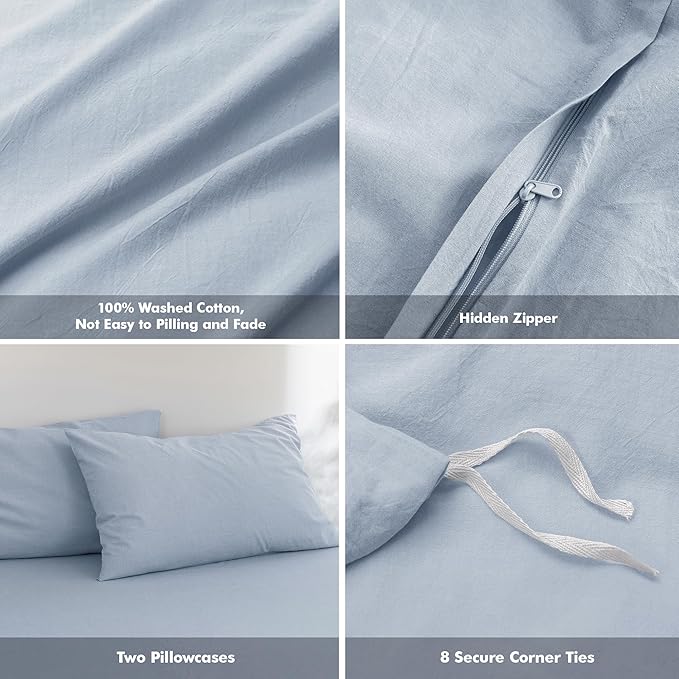 FOSSA Duvet Cover Set 100% Washed Cotton Linen Feel Super Soft Breathable Cozy 3 Pieces Bedding Sets Solid Cornflower Blue Oversized King Plus