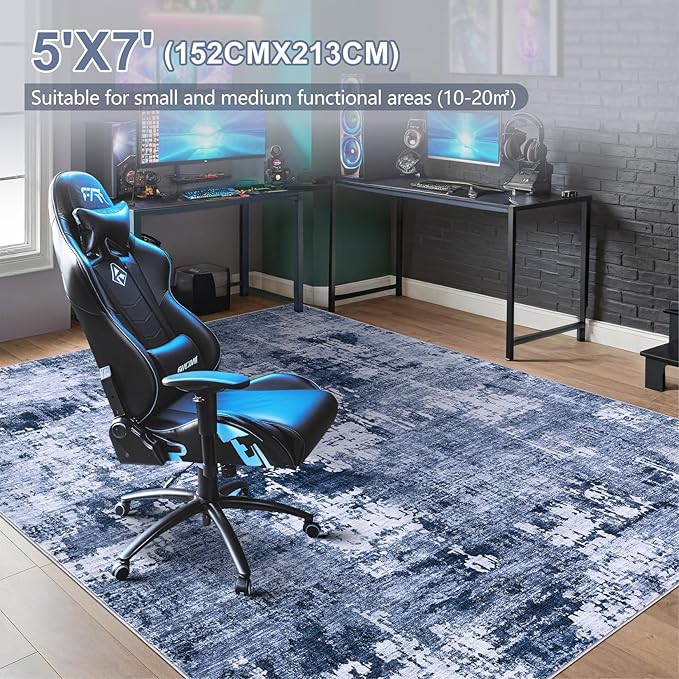 Area Rug Living Room Rugs - 5x7 Washable Large Soft Indoor Neutral Modern Abstract Low Pile Rug Carpet for Bedroom Dining Room Farmhouse Home Office - Navy Blue