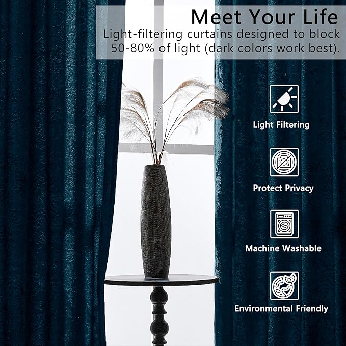 SMILETIME Tranquil Blue Crushed Velvet Curtains 52x108inch Rod Pocket Luxurious Thermal Insulated Soundproof Drapes Soft and Durable Light-Filtering Window Treatments for Living Room Bedroom, 2 Panels