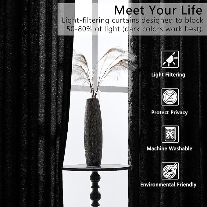 SMILETIME Black Crushed Velvet Curtains 52x108inch Rod Pocket Luxurious Thermal Insulated Soundproof Drapes Soft and Durable Light-Filtering Window Treatments for Living Room Bedroom, 2 Panels