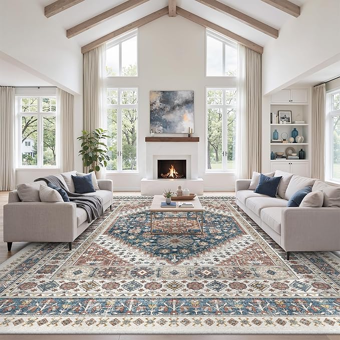 zesthome 10x14 Area Rugs,Stain Resistant Washable Rug,Ultra-Thin Rugs for Living Room,Bedroom,Non-Slip Backing Home Decor Large Area Rug (Navy Blue/Red,10'x14')