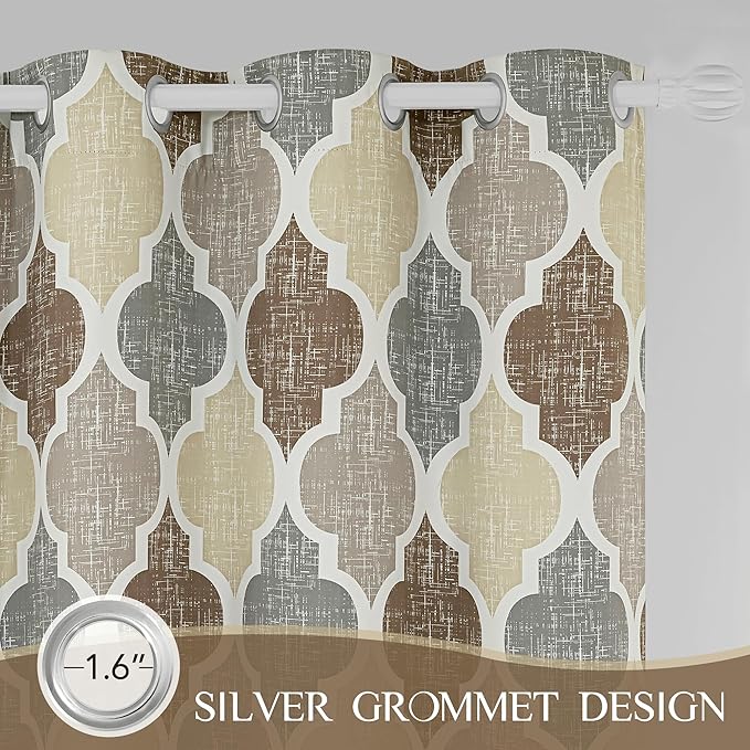 Beauoop 100% Blackout Curtains 96 Inches Long 2 Panels for Bedroom Living Room Brown Grey Moroccan Geo Room Darkening Thermal Insulated Soundproof Grommet Top Window Treatments Drapes, 50x96 Set of 2