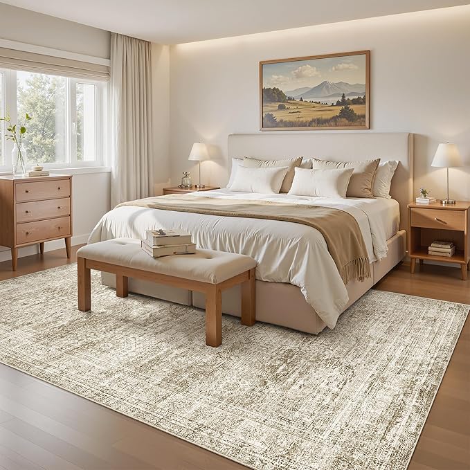 7x9 Area Rug for Living Room Washable Abstract Vintage Soft Thin Indoor Floor Non-Slip Carpet for Bedroom Dining Room Brown