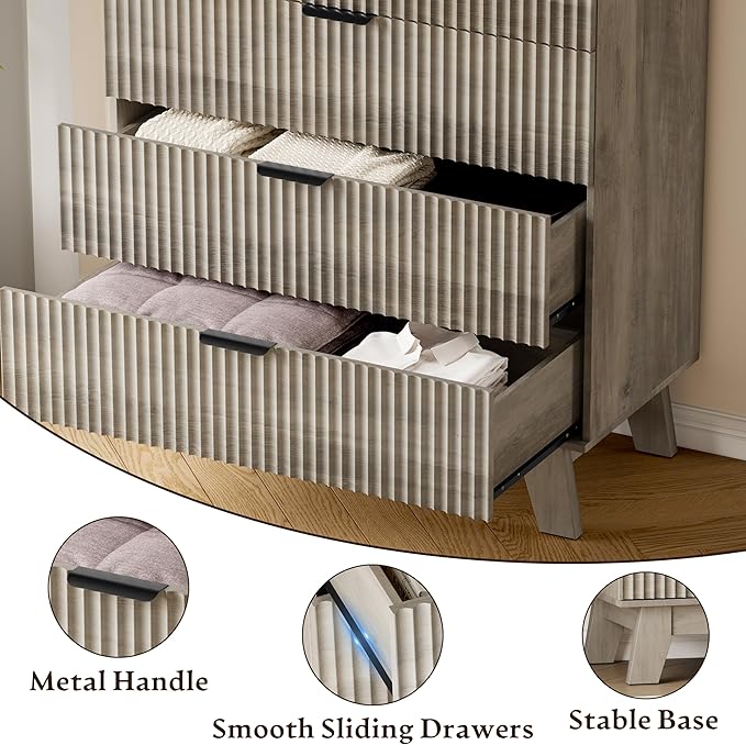 39" Tall Dresser for Bedroom, 4-Drawer Fluted Chest of Drawers, Modern Wood Highboy with Deep Storage, Metal Slides & Handles, Anti-Tip Kit, Vertical Clothes Organizer for Apartment, Nursery