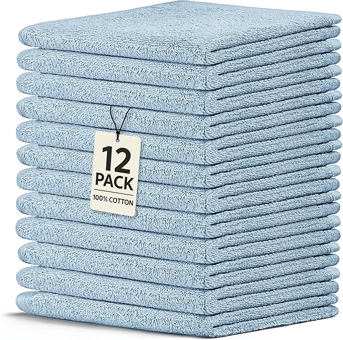 Crystal Ridge Cotton Wash Cloths 12 Pack - Washcloths for Showering, Face and Body, Soft and Highly Absorbent Multipurpose Towels for Bathroom, Kitchen, Spa and Gym - Wash Rags 12 x12 (Lt Blue)