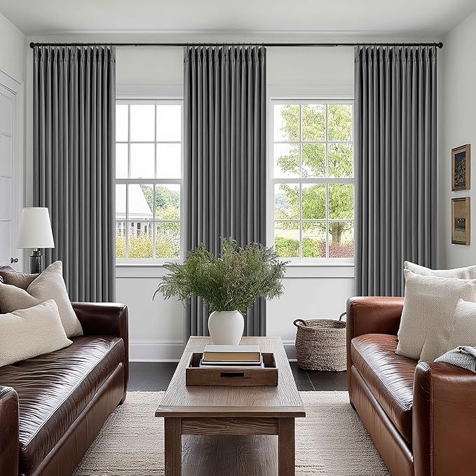 Dark Grey Pinch Pleated Blackout Curtains 108 Inches Long for Bedroom 100% Black Out Thick Linen Dual Layer Pleated Drapes Farmhouse Country Charcoal Gray 108 Inch Curtain for Dining Living Room