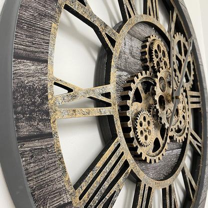 The Gears Clock The Original Real Moving Gear Wall Clock Vintage Industrial Oversized Rustic Farmhouse (24 inch (60cm), Vintage Carbon Grey and Bronze)