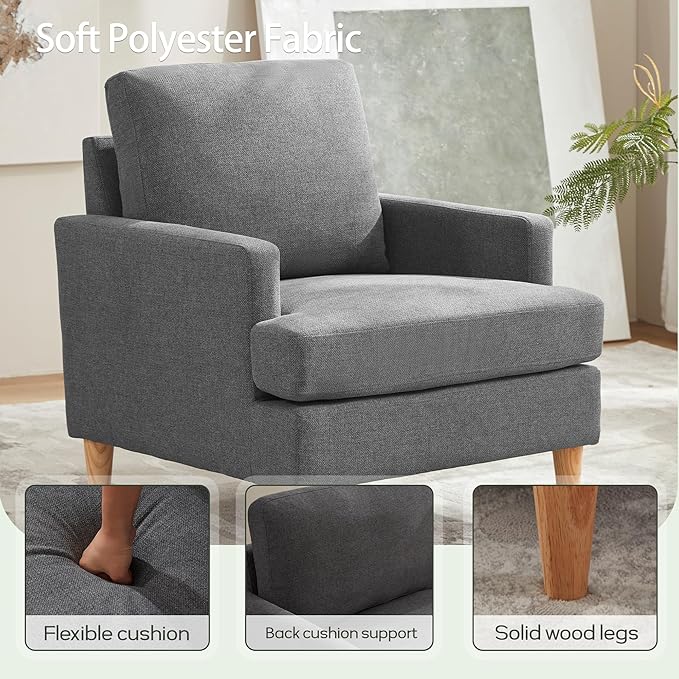 VKNOW Mid-Century Accent Chair, No Tools Assembly Required, Modern Upholstered Polyester Armchair for Living Room,Comfy Reading Accent Chairs with Wood Legs for Bedroom, Dark Grey